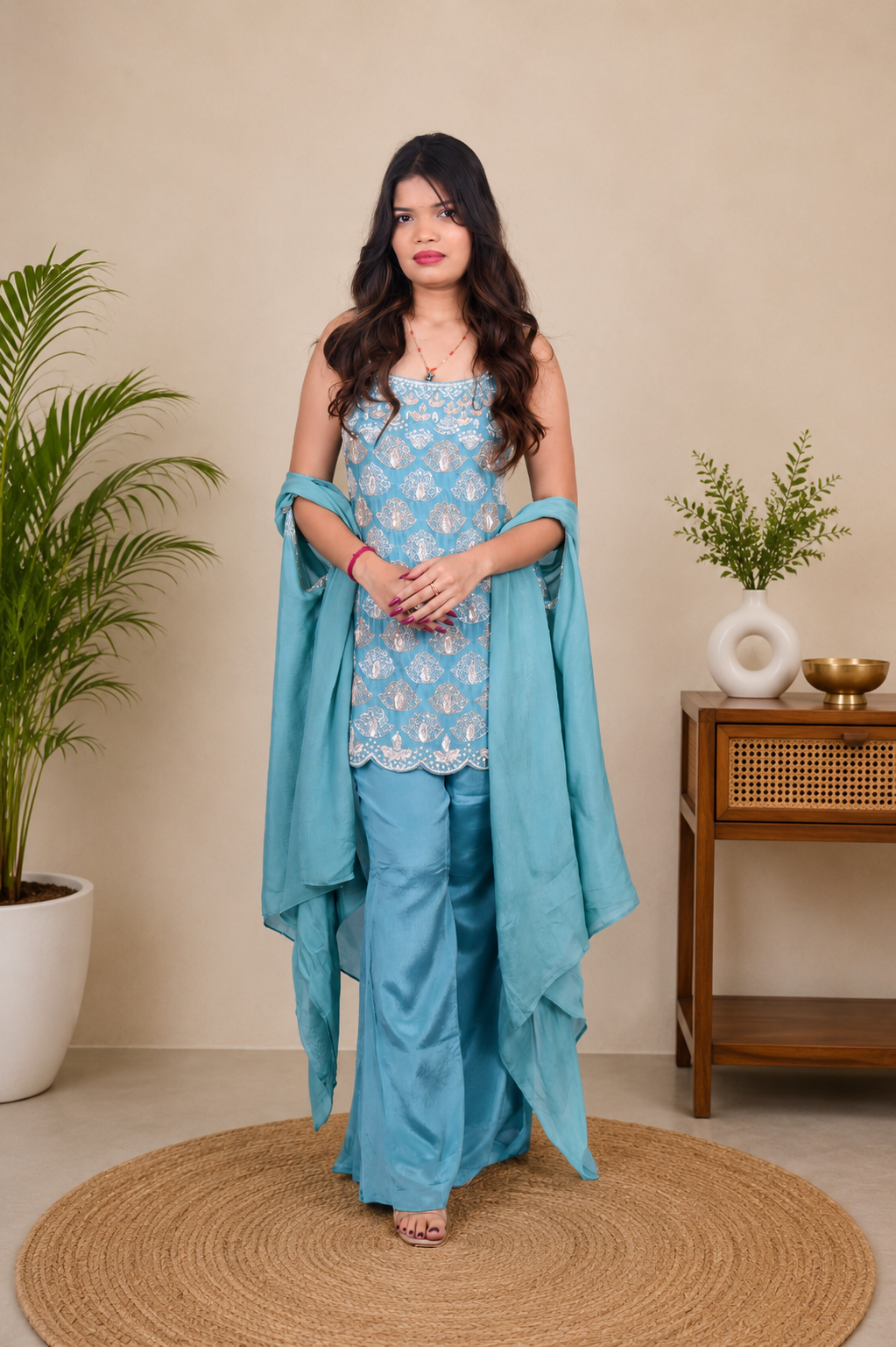 Pure Chinon Designer 3-Piece Kurti Set with Shrug