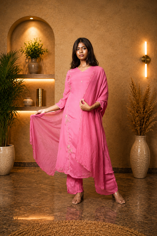 Pink Chinon Kurti Set