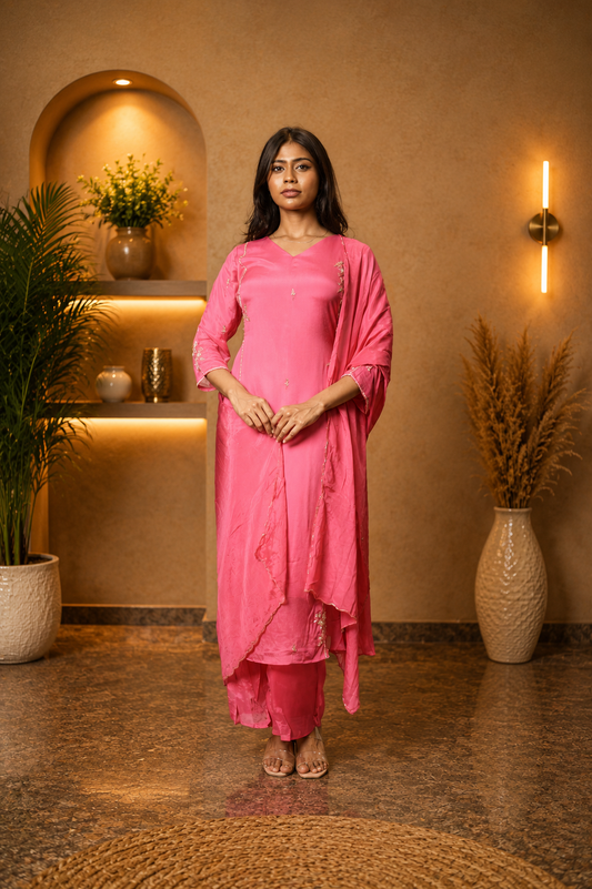 Pink Chinon Kurti Set