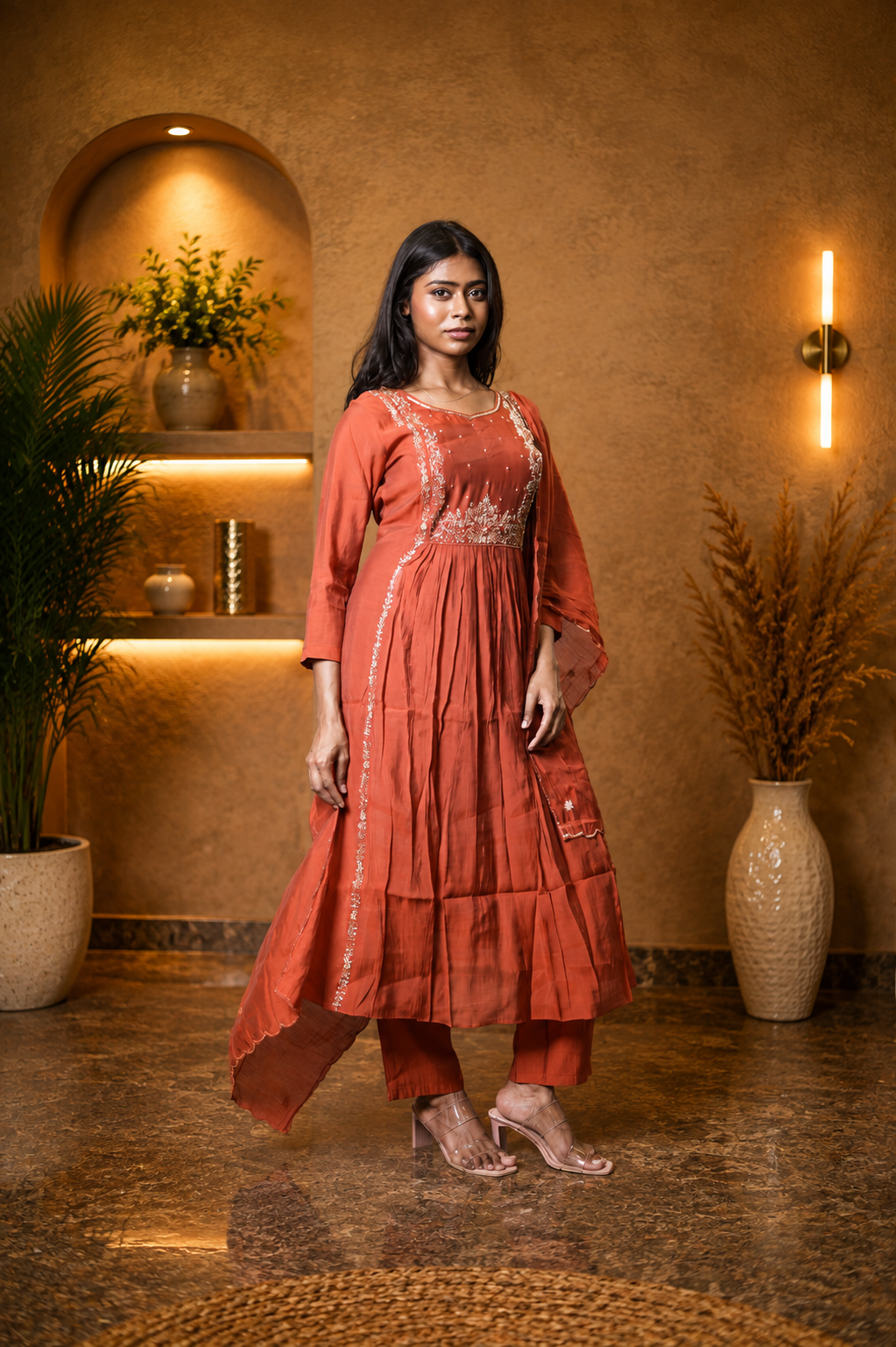 Pure Mul Chanderi Handwork kurti set