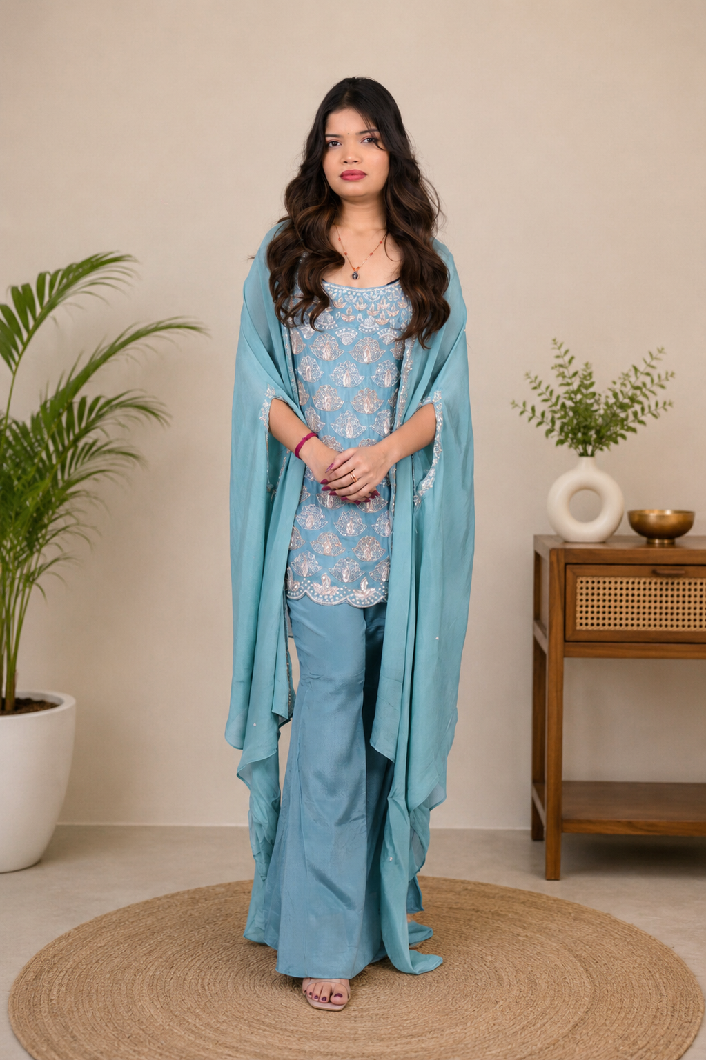 Pure Chinon Designer 3-Piece Kurti Set with Shrug