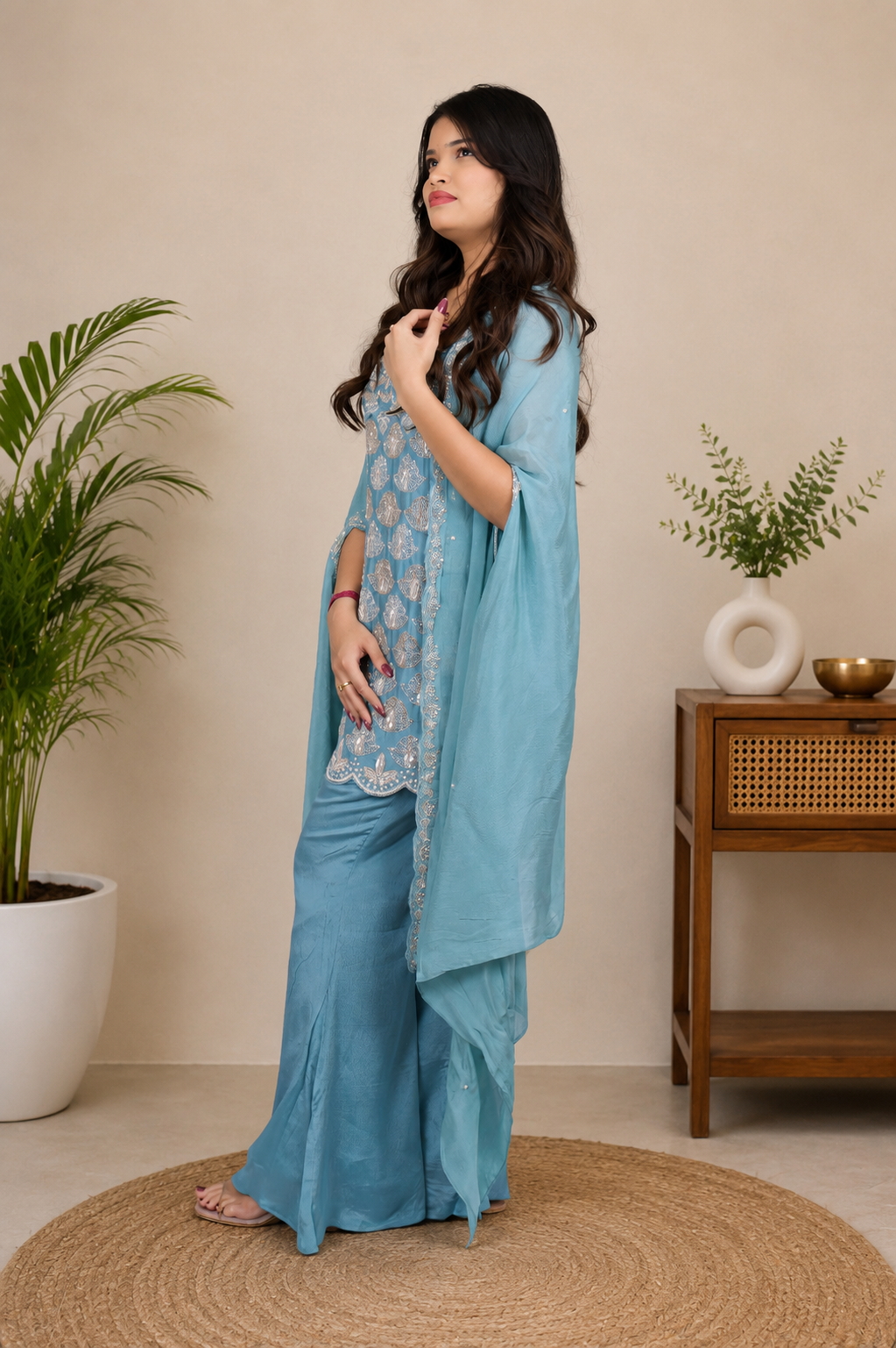 Pure Chinon Designer 3-Piece Kurti Set with Shrug