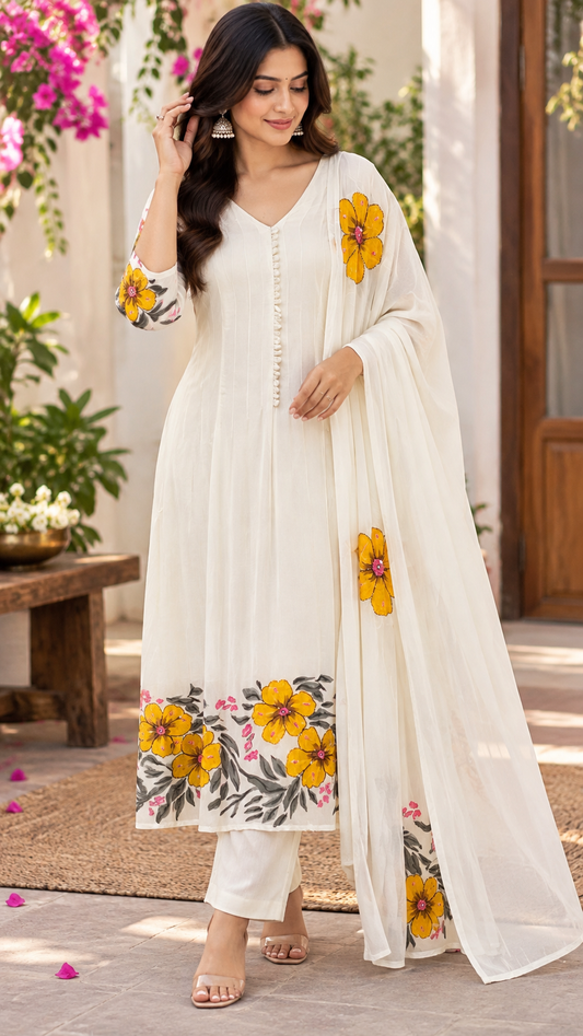 Hand painted chinon Kurti set