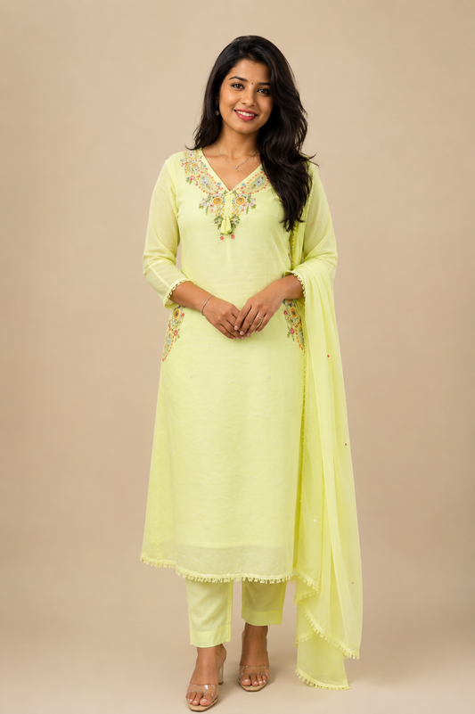 Pure Mul Cotton Embroidered Kurta Set 027