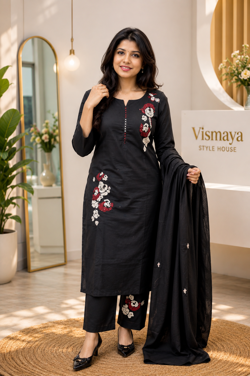 Black Cotton Kurta Set with Applique work 028