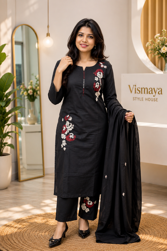 Black Cotton Kurta Set with Applique work 028