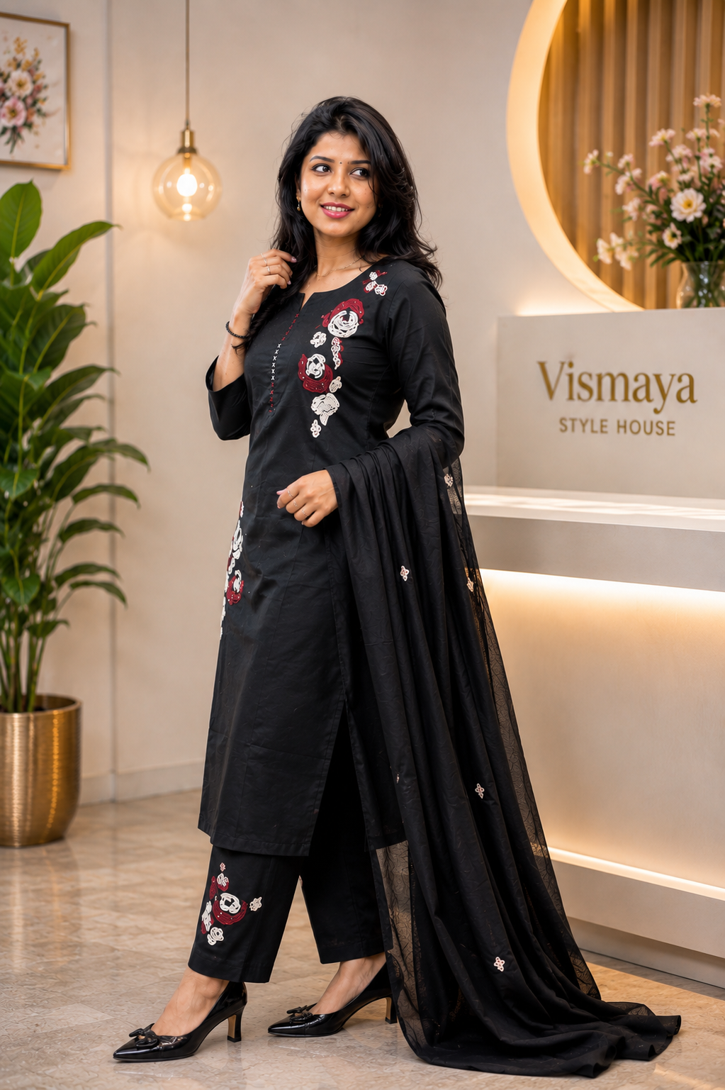 Black Cotton Kurta Set with Applique work 028