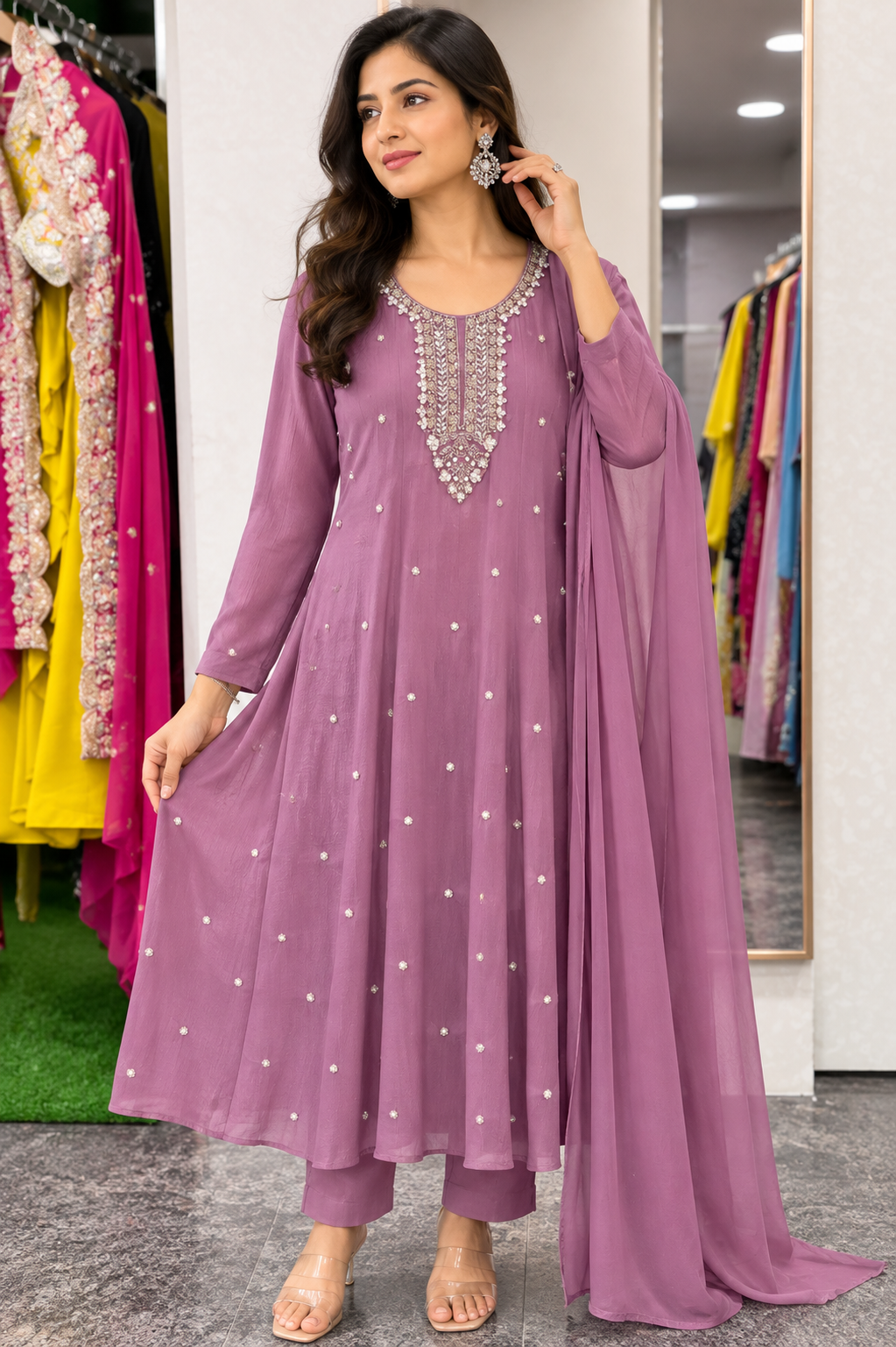Premium Pure Chinnon Designer Kurta Set