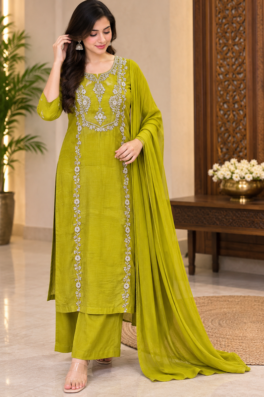 Mul chanderi handwork kurta set