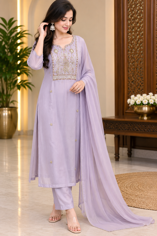 Mul chanderi Handwork kurta set