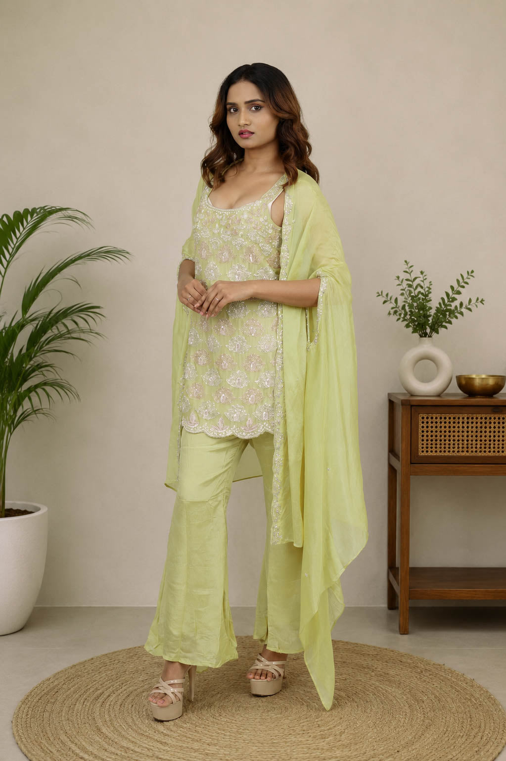 Pure Chinon Green  Designer 3-Piece Kurti Set with Shrug