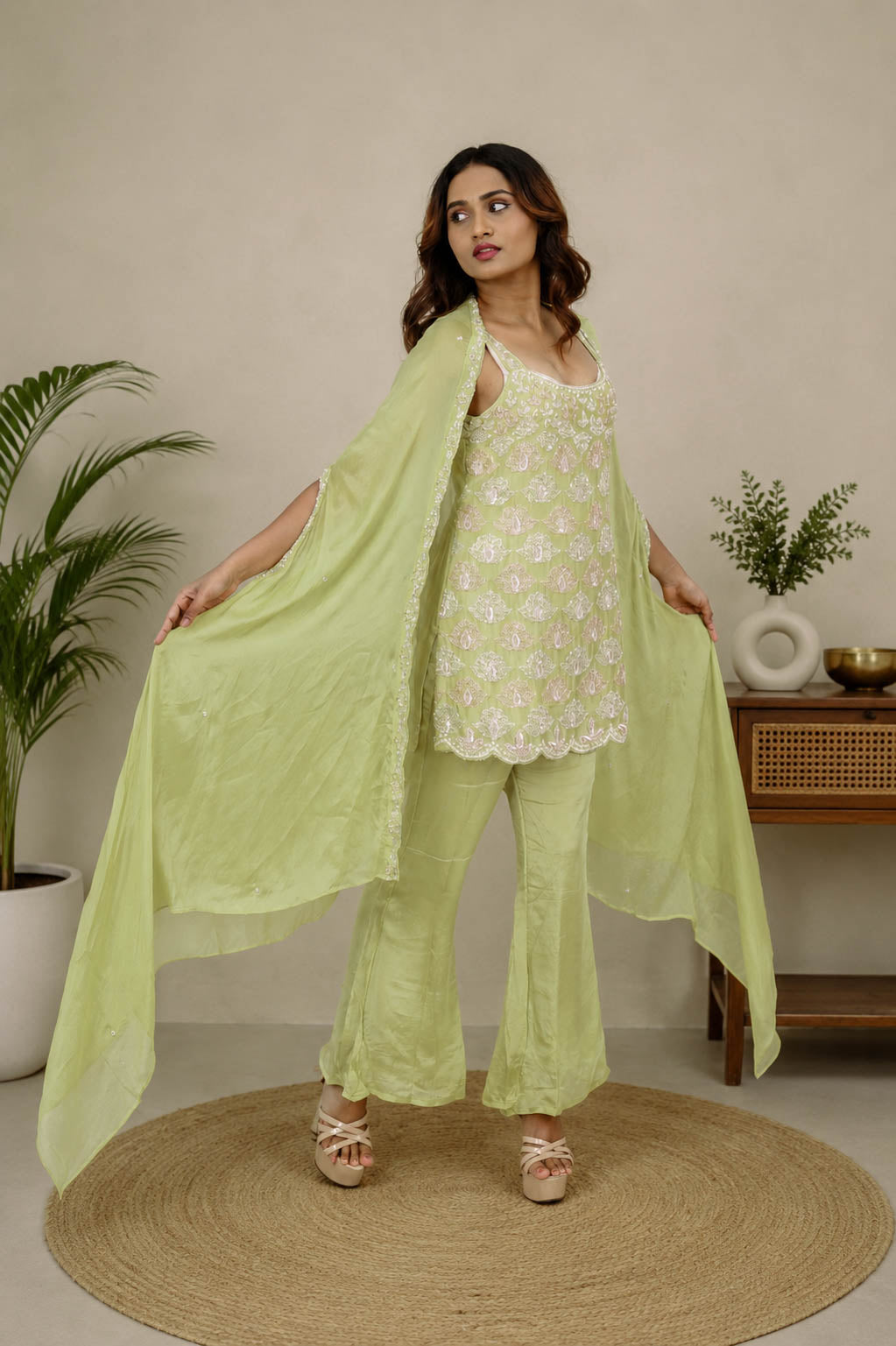 Pure Chinon Green  Designer 3-Piece Kurti Set with Shrug