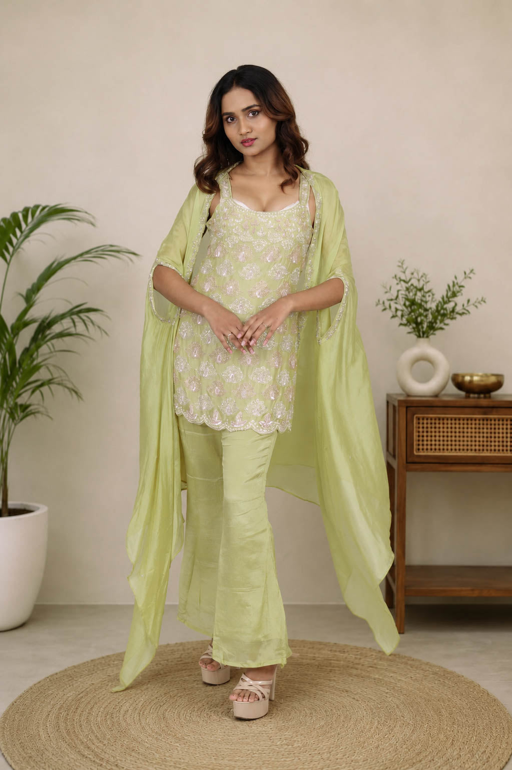 Pure Chinon Green  Designer 3-Piece Kurti Set with Shrug