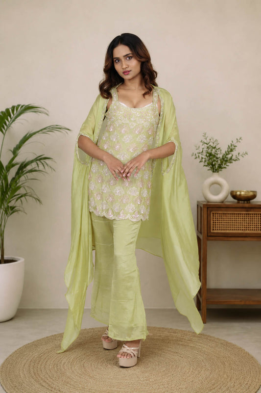 Pure Chinon Green  Designer 3-Piece Kurti Set with Shrug